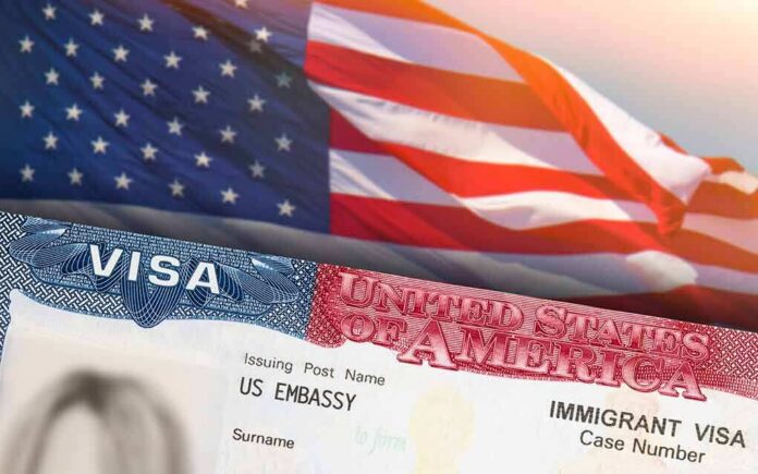 US visa document with American flag in background