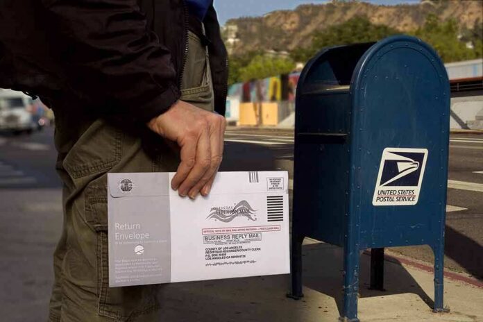 shutterstock_2039535863 Person mailing a ballot envelope at a blue USPS street mailbox