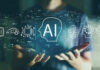 Person holding virtual icons related to artificial intelligence.