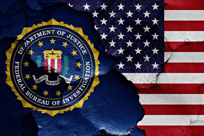 FBI seal and American flag on cracked wall