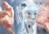 robot head hologram between outstretched hands