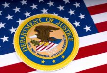 Department of Justice seal on American flag background