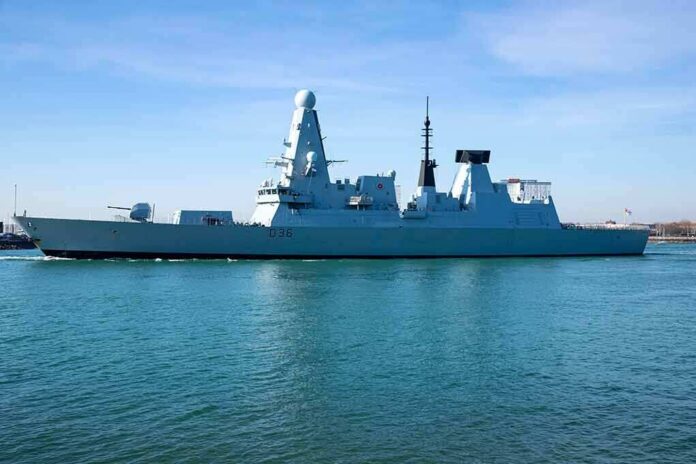 naval destroyer sailing in calm harbor waters