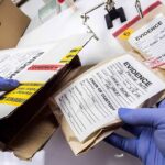Gloved hands handling labeled evidence bags and boxes