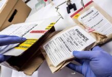 Gloved hands handling labeled evidence bags and boxes