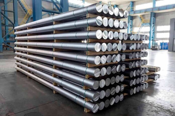 shutterstock_1472538056 Stacked metal rods on pallets in an industrial warehouse