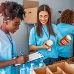 Volunteers sorting food donations in a community center
