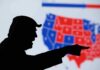 Diplomatic Firestorm Over United States Map silhouetted person pointing in front of a U.S. election map