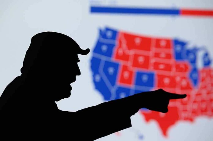 silhouetted person pointing in front of a U.S. election map