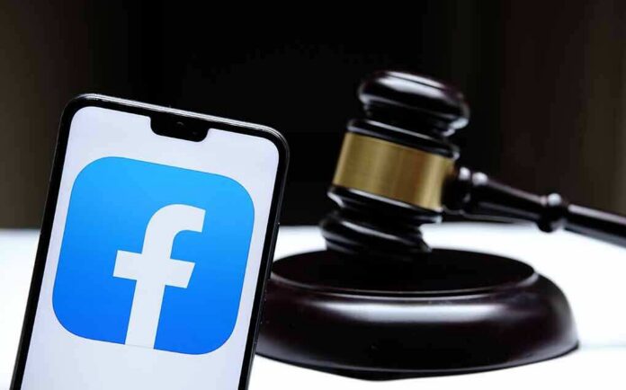 Smartphone with Facebook app logo beside a judge’s gavel