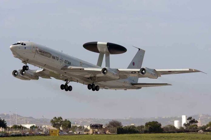 NATO AWACS aircraft taking off from an airfield