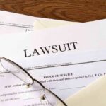 Legal documents labeled lawsuit on a desk