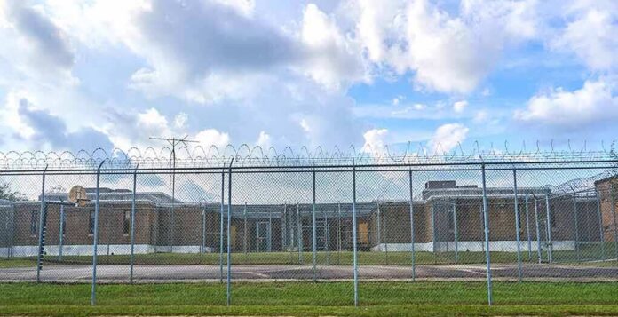 shutterstock_732521716 Prison yard behind chain-link and razor wire fence