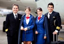 Airline crew standing together on the tarmac