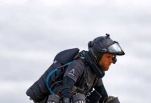 One-Leg Pilot Shocks The Brass Person flying with a jet suit against a cloudy sky