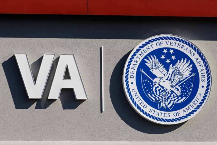 VA logo and Department of Veterans Affairs seal on building wall