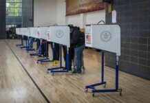 Voters at polling booths in a gymnasium