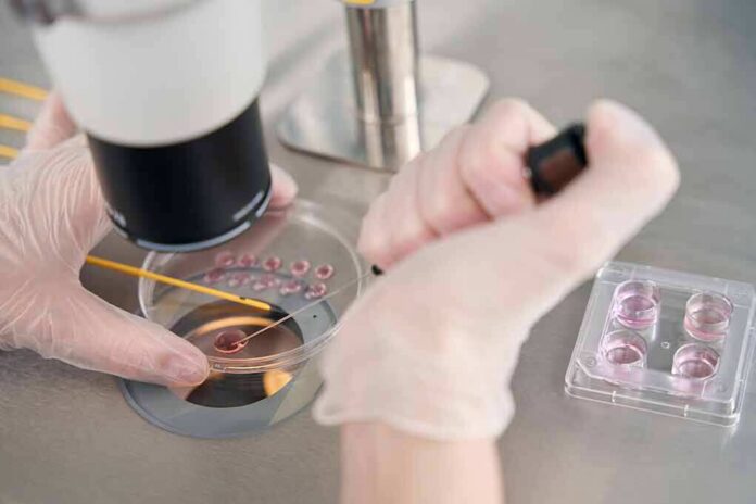 shutterstock_2260502569 Gloved hands manipulating samples under a microscope in a petri dish