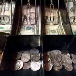 Cash register drawer with US bills and coins