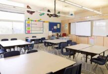 Substitute Teacher Pulled From Classrooms Empty classroom with tables, chairs, and a whiteboard